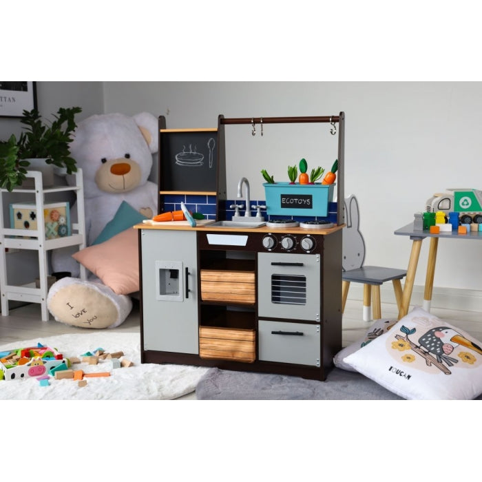 Bucatarie din lemn pentru copii cu accesorii, 74 x 29.5 x 96 cm, Ecotoys TL40030