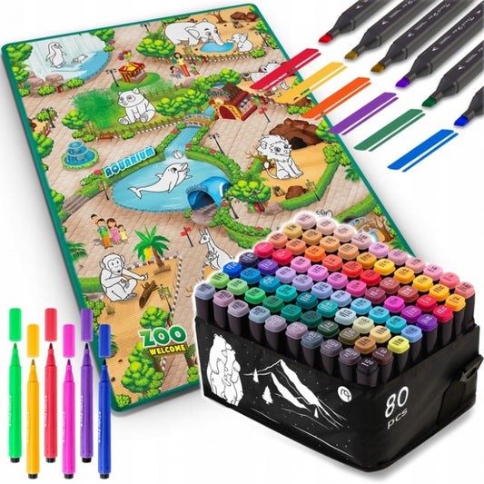 Salteluta de joaca 120 x 92 x 0.3 cm si un set de 80 markere colorate Ricokids - Zoo