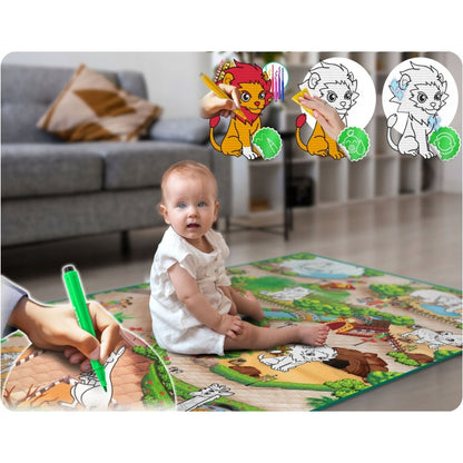 Salteluta de joaca 120 x 92 x 0.3 cm si un set de 80 markere colorate Ricokids - Zoo