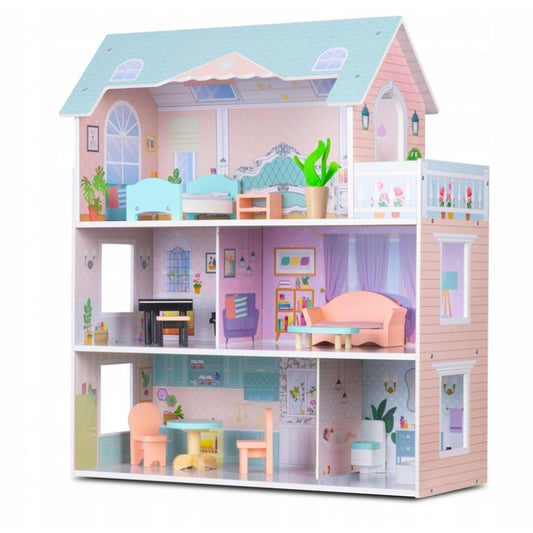 Casuta de papusi din lemn cu 3 etaje, mobilier inclus, 60 x 24 x 70 cm, Ricokids RK-878 - Roz