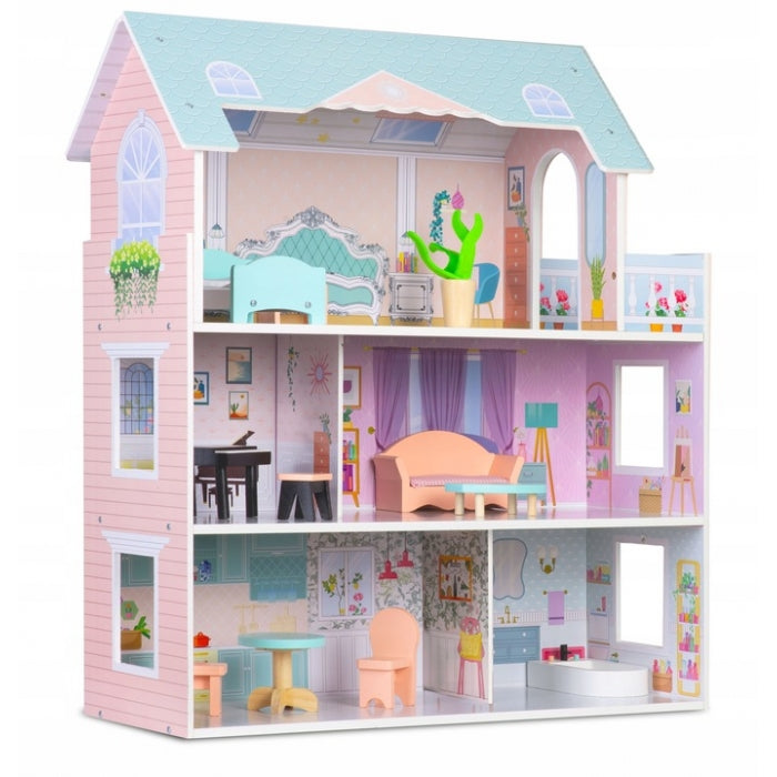 Casuta de papusi din lemn cu 3 etaje, mobilier inclus, 60 x 24 x 70 cm, Ricokids RK-878 - Roz