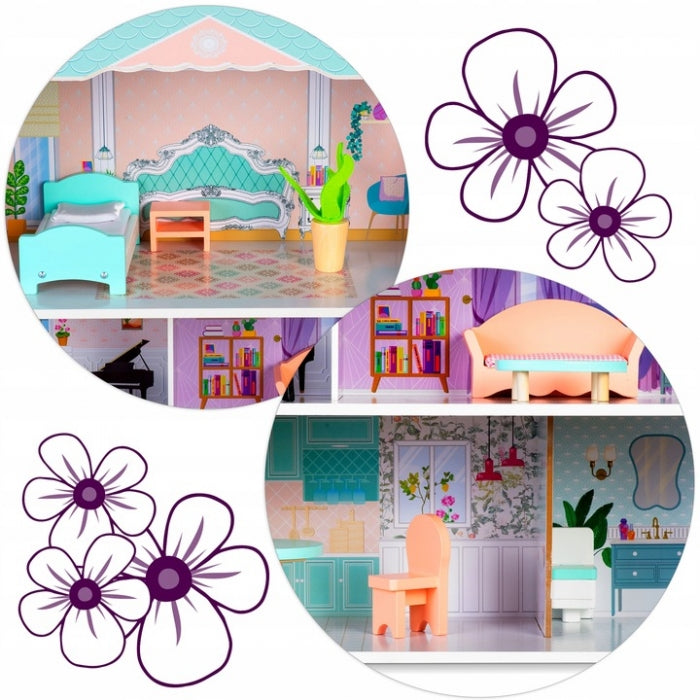 Casuta de papusi din lemn cu 3 etaje, mobilier inclus, 60 x 24 x 70 cm, Ricokids RK-878 - Roz