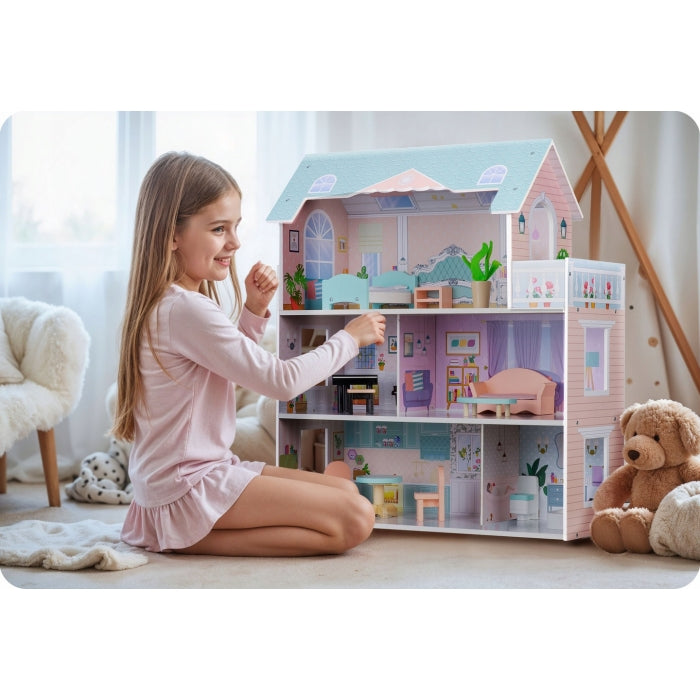 Casuta de papusi din lemn cu 3 etaje, mobilier inclus, 60 x 24 x 70 cm, Ricokids RK-878 - Roz