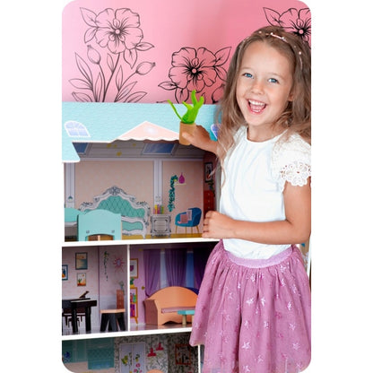 Casuta de papusi din lemn cu 3 etaje, mobilier inclus, 60 x 24 x 70 cm, Ricokids RK-878 - Roz