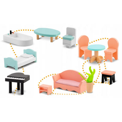 Casuta de papusi din lemn cu 3 etaje, mobilier inclus, 60 x 24 x 70 cm, Ricokids RK-878 - Roz