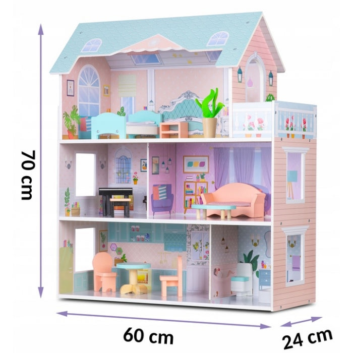 Casuta de papusi din lemn cu 3 etaje, mobilier inclus, 60 x 24 x 70 cm, Ricokids RK-878 - Roz