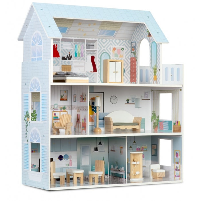 Casuta de papusi din lemn cu 3 etaje, mobilier inclus, 60 x 24 x 70 cm, Ricokids RK-878 - Albastru deschis