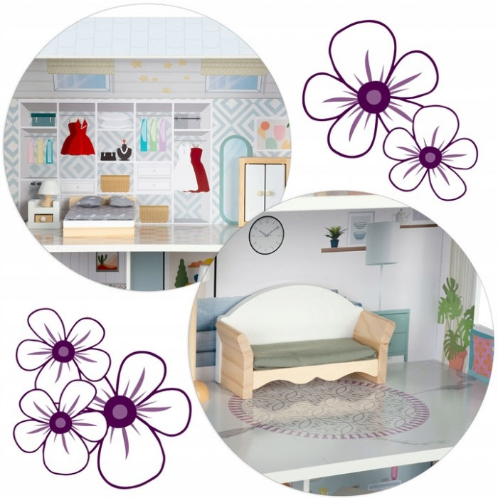 Casuta de papusi din lemn cu 3 etaje, mobilier inclus, 60 x 24 x 70 cm, Ricokids RK-878 - Albastru deschis
