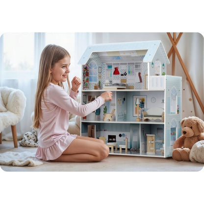 Casuta de papusi din lemn cu 3 etaje, mobilier inclus, 60 x 24 x 70 cm, Ricokids RK-878 - Albastru deschis