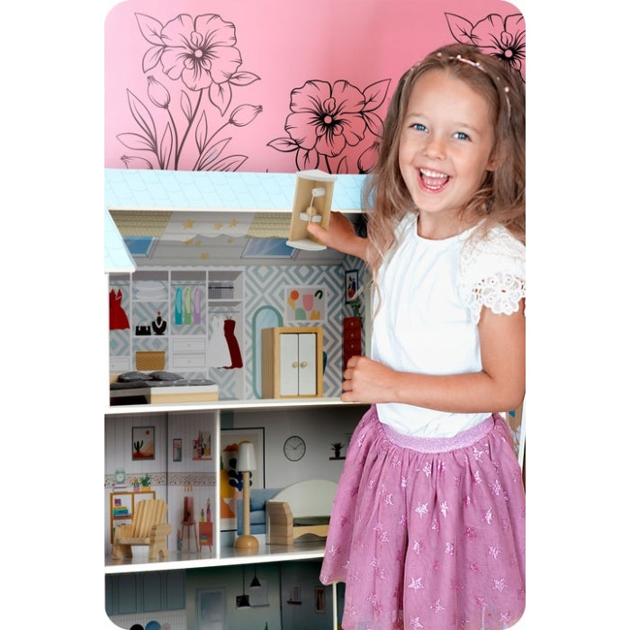 Casuta de papusi din lemn cu 3 etaje, mobilier inclus, 60 x 24 x 70 cm, Ricokids RK-878 - Albastru deschis