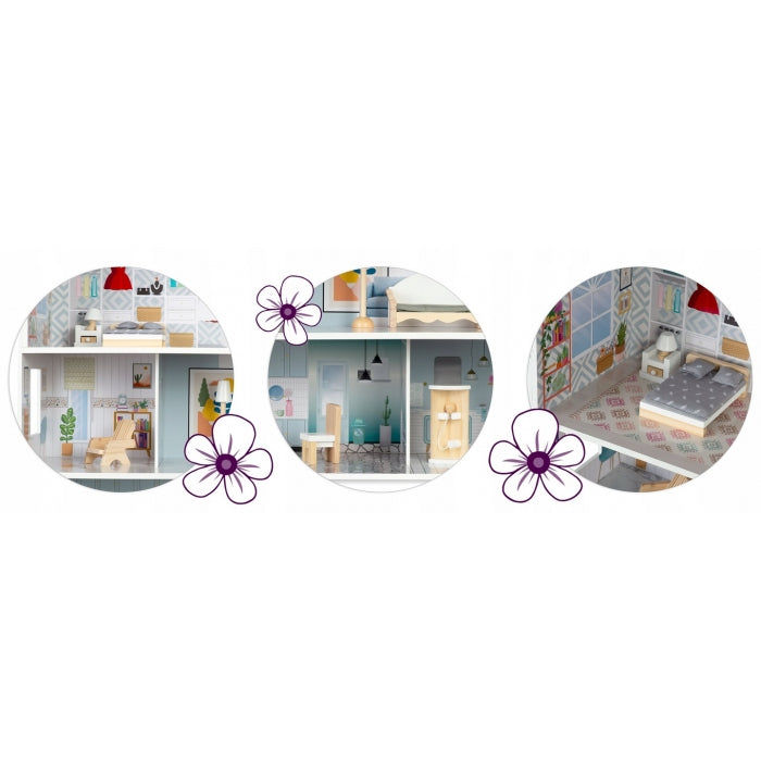 Casuta de papusi din lemn cu 3 etaje, mobilier inclus, 60 x 24 x 70 cm, Ricokids RK-878 - Albastru deschis