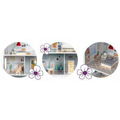 Casuta de papusi din lemn cu 3 etaje, mobilier inclus, 60 x 24 x 70 cm, Ricokids RK-878 - Albastru deschis