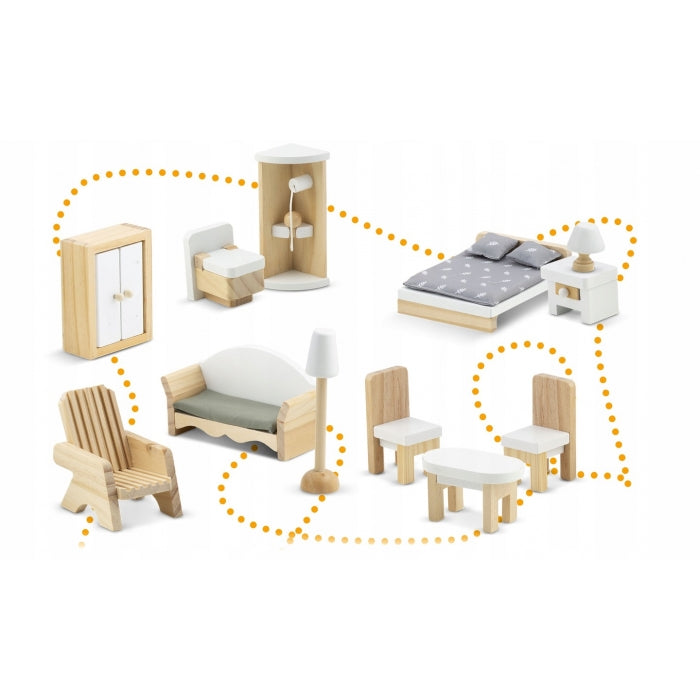 Casuta de papusi din lemn cu 3 etaje, mobilier inclus, 60 x 24 x 70 cm, Ricokids RK-878 - Albastru deschis