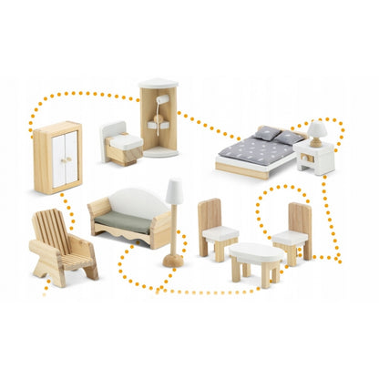 Casuta de papusi din lemn cu 3 etaje, mobilier inclus, 60 x 24 x 70 cm, Ricokids RK-878 - Albastru deschis