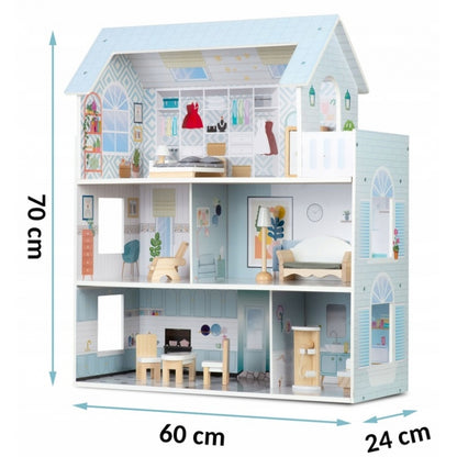 Casuta de papusi din lemn cu 3 etaje, mobilier inclus, 60 x 24 x 70 cm, Ricokids RK-878 - Albastru deschis