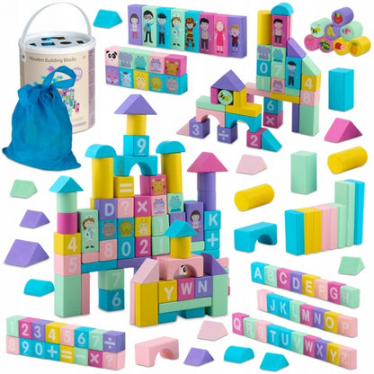 Set educational cu blocuri din lemn, 100 bucati, Ricokids RK-871