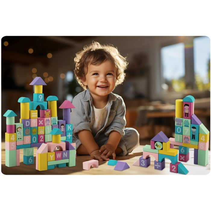 Set educational cu blocuri din lemn, 100 bucati, Ricokids RK-871