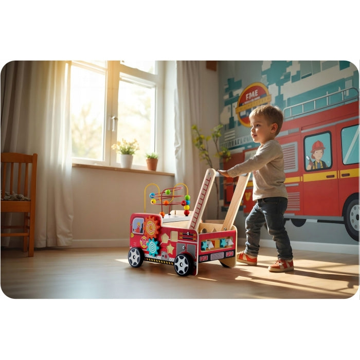 Antemergator din lemn tip masina de pompieri si diverse activitati, 48 x 27.5 x 40.5 cm, Ricokids RK-873