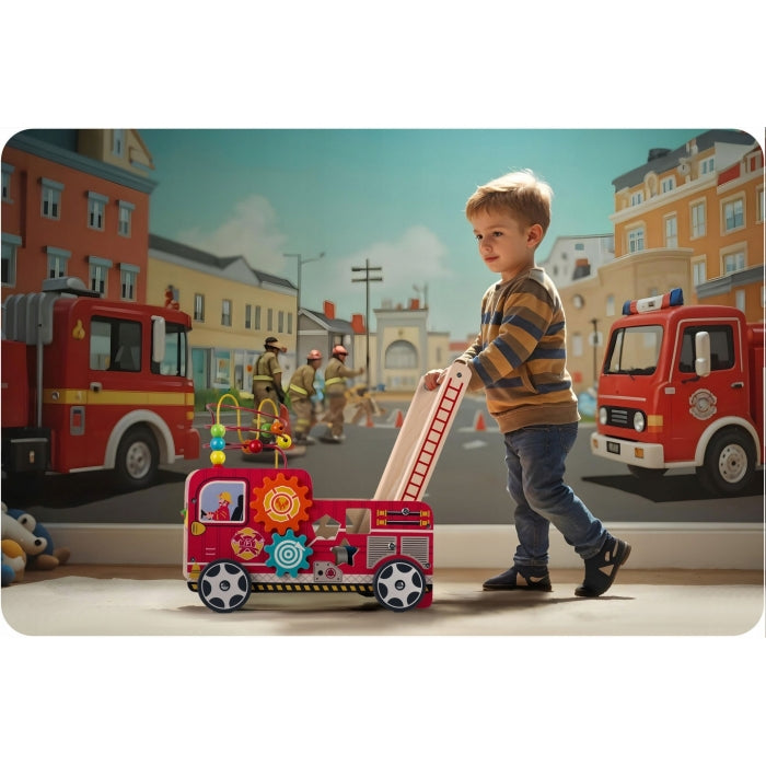 Antemergator din lemn tip masina de pompieri si diverse activitati, 48 x 27.5 x 40.5 cm, Ricokids RK-873