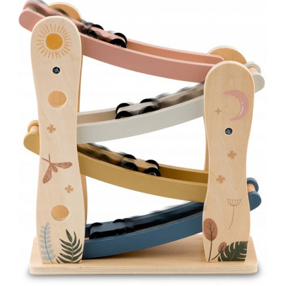 Rampa din lemn cu 4 masinute incluse, 25.5 x 9 x 30 cm, Nukido NK-855