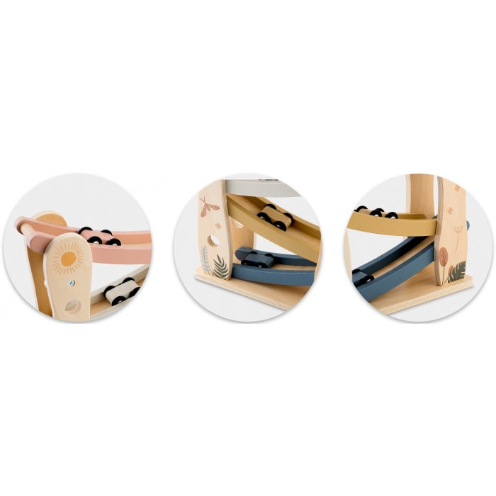 Rampa din lemn cu 4 masinute incluse, 25.5 x 9 x 30 cm, Nukido NK-855