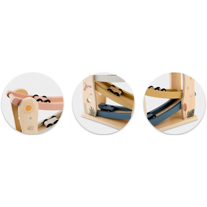 Rampa din lemn cu 4 masinute incluse, 25.5 x 9 x 30 cm, Nukido NK-855