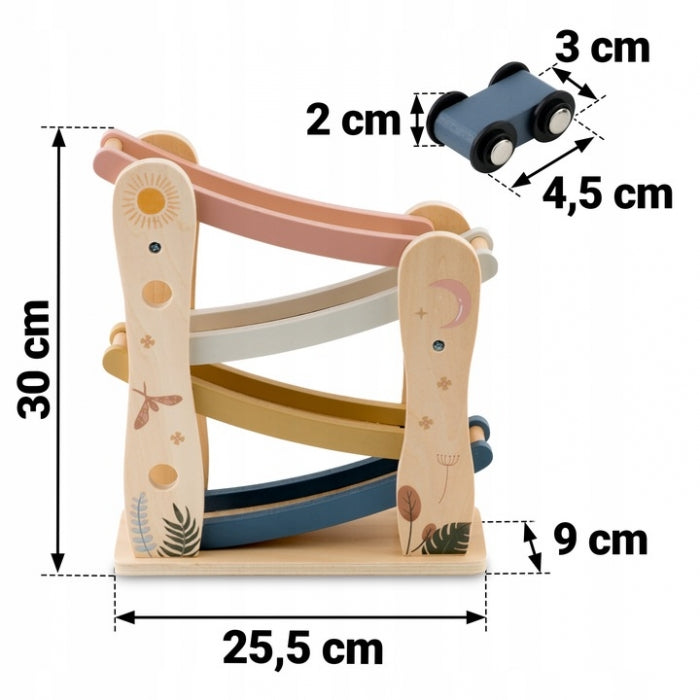 Rampa din lemn cu 4 masinute incluse, 25.5 x 9 x 30 cm, Nukido NK-855
