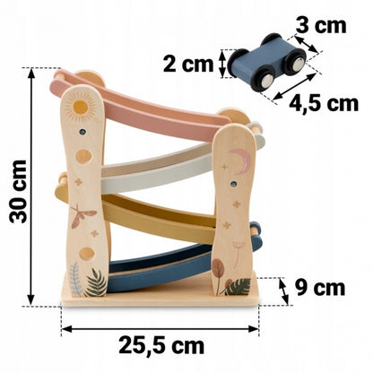 Rampa din lemn cu 4 masinute incluse, 25.5 x 9 x 30 cm, Nukido NK-855