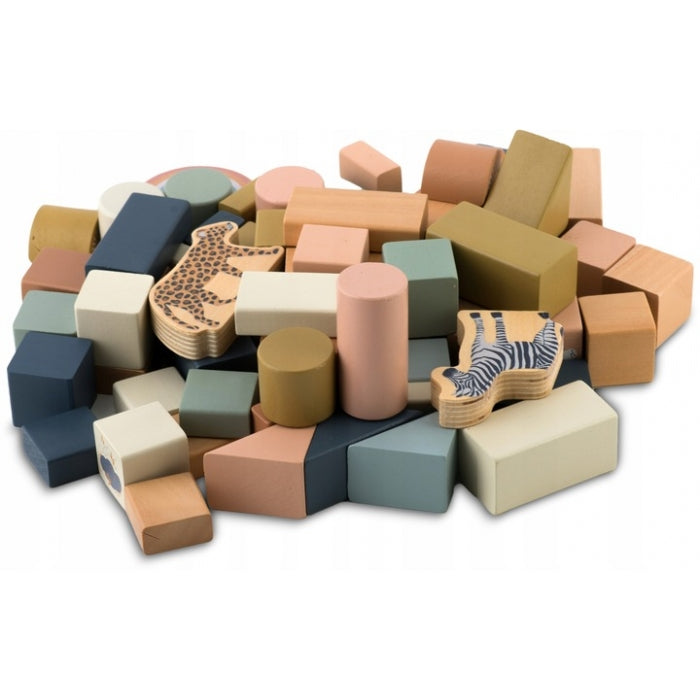 Set educational cu blocuri din lemn, 70 bucati, Nukido NK-858