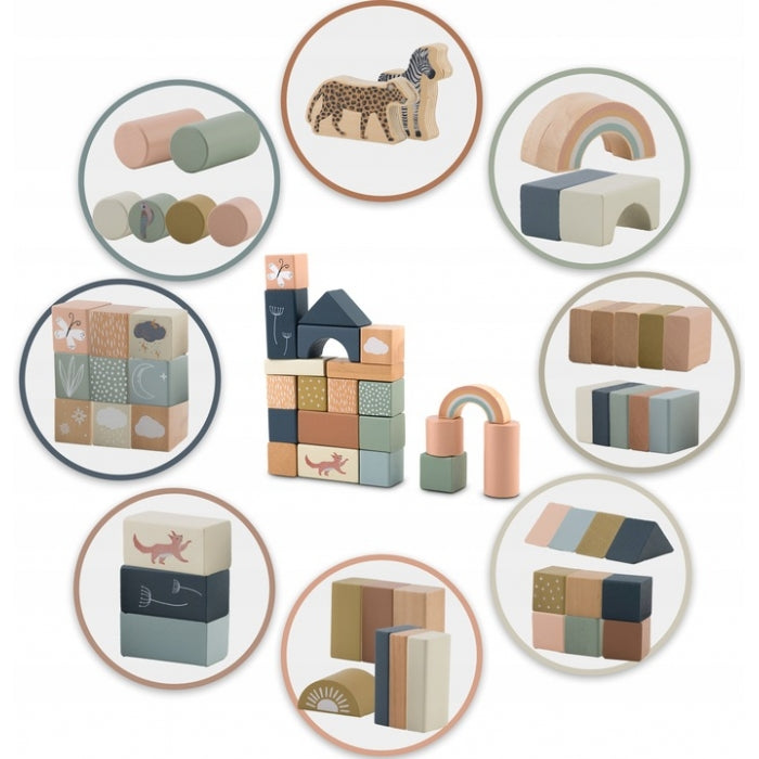 Set educational cu blocuri din lemn, 70 bucati, Nukido NK-858