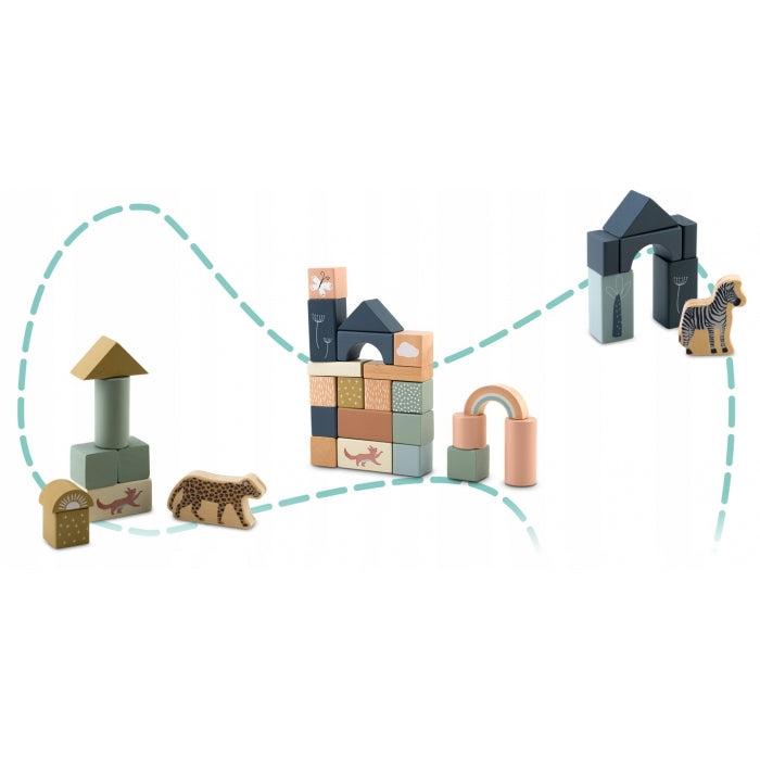 Set educational cu blocuri din lemn, 70 bucati, Nukido NK-858