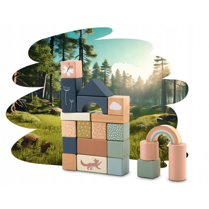 Set educational cu blocuri din lemn, 70 bucati, Nukido NK-858