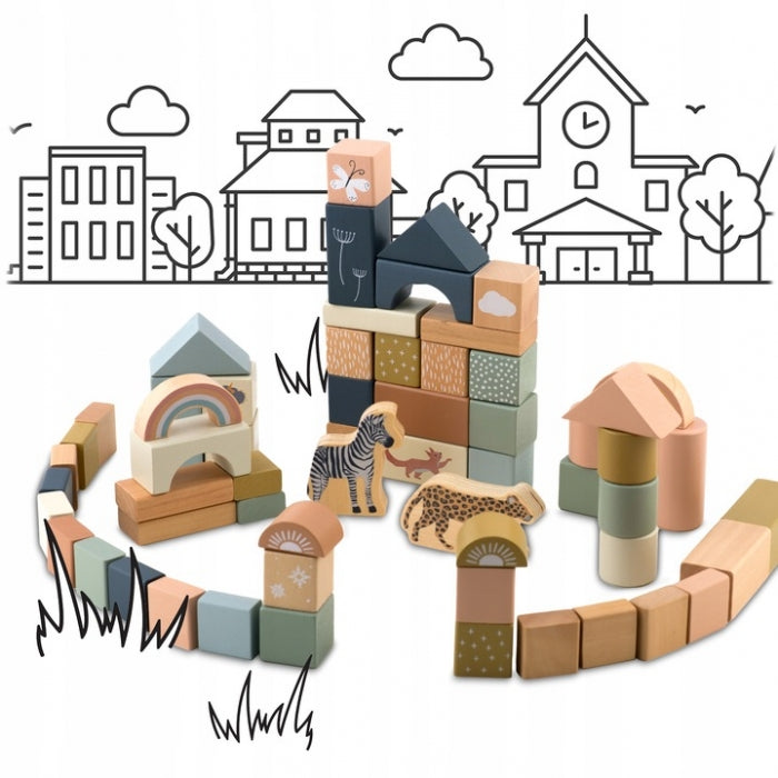 Set educational cu blocuri din lemn, 70 bucati, Nukido NK-858