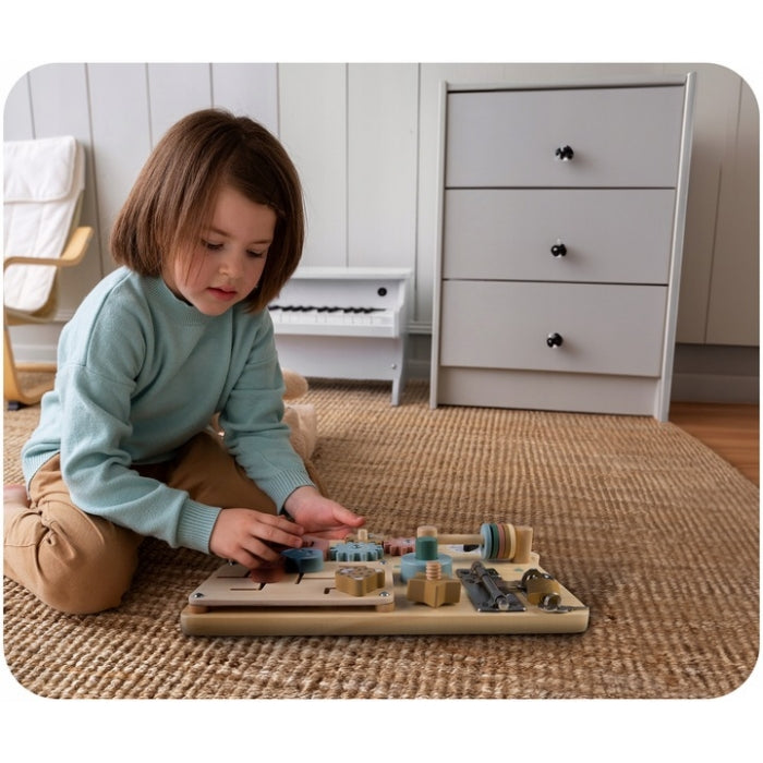 Tabla educationala din lemn cu diverse activitati, 32.5 x 24 cm, Nukido NK-859