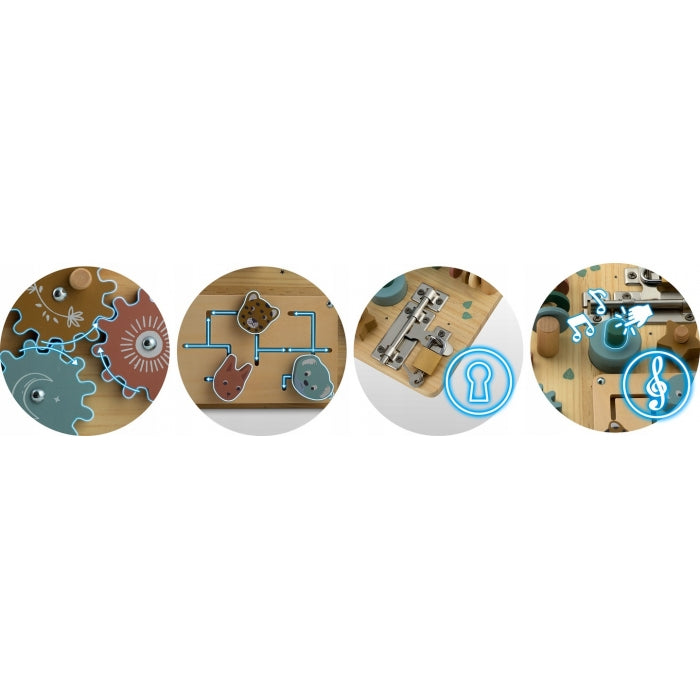 Tabla educationala din lemn cu diverse activitati, 32.5 x 24 cm, Nukido NK-859