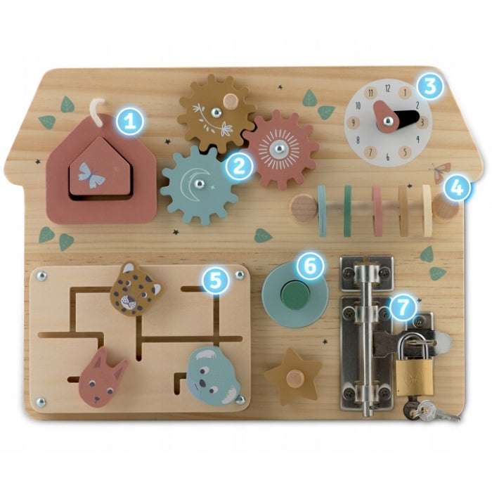 Tabla educationala din lemn cu diverse activitati, 32.5 x 24 cm, Nukido NK-859