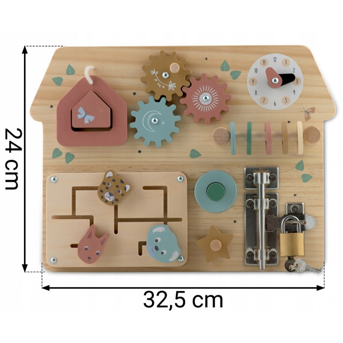 Tabla educationala din lemn cu diverse activitati, 32.5 x 24 cm, Nukido NK-859