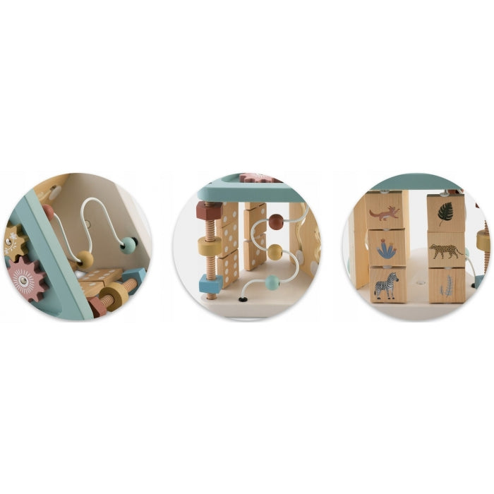 Triunghi educational din lemn cu diverse activitati, 18.5 x 17 cm, Nukido NK-860