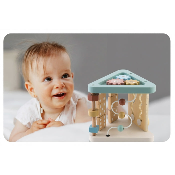 Triunghi educational din lemn cu diverse activitati, 18.5 x 17 cm, Nukido NK-860