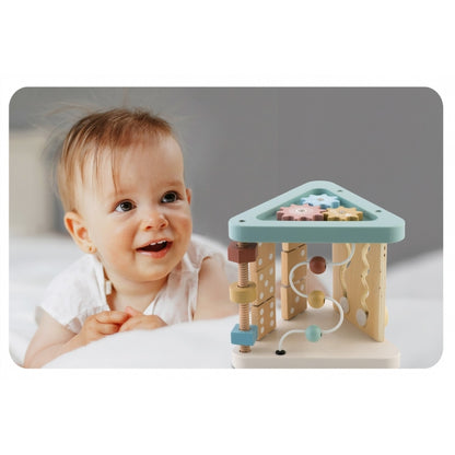 Triunghi educational din lemn cu diverse activitati, 18.5 x 17 cm, Nukido NK-860