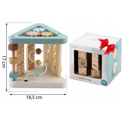 Triunghi educational din lemn cu diverse activitati, 18.5 x 17 cm, Nukido NK-860