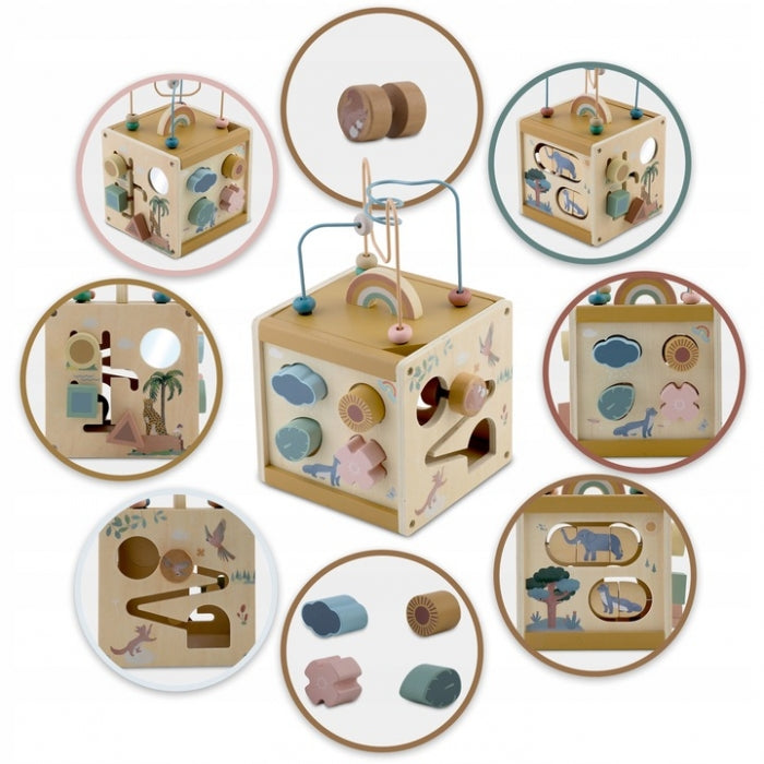 Cub educational din lemn cu diverse activitati, 15.5 x 17 cm, Nukido NK-861