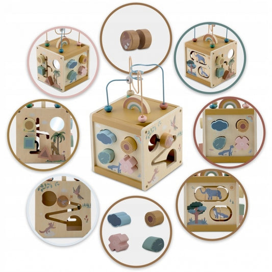 Cub educational din lemn cu diverse activitati, 15.5 x 17 cm, Nukido NK-861