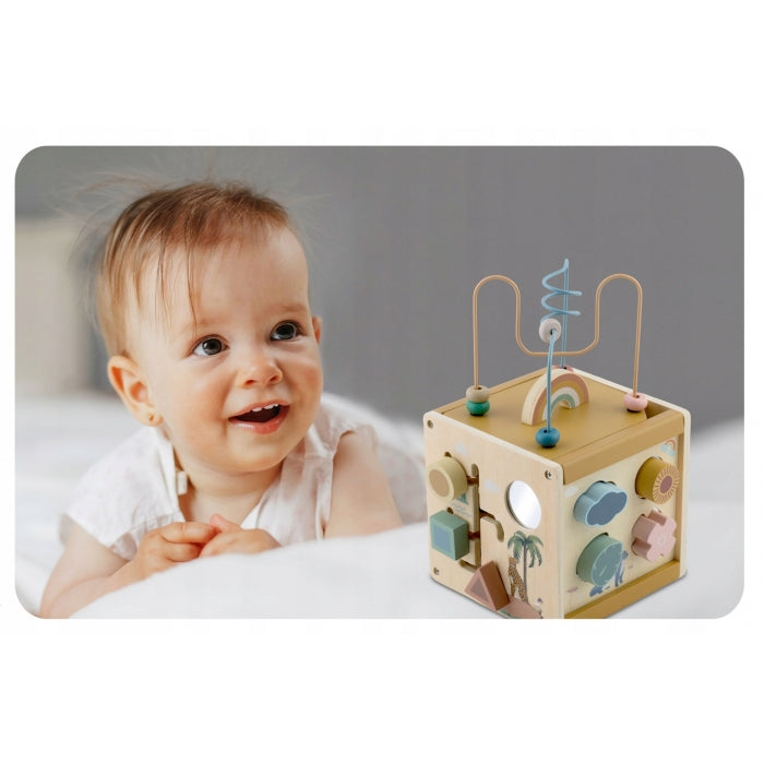 Cub educational din lemn cu diverse activitati, 15.5 x 17 cm, Nukido NK-861