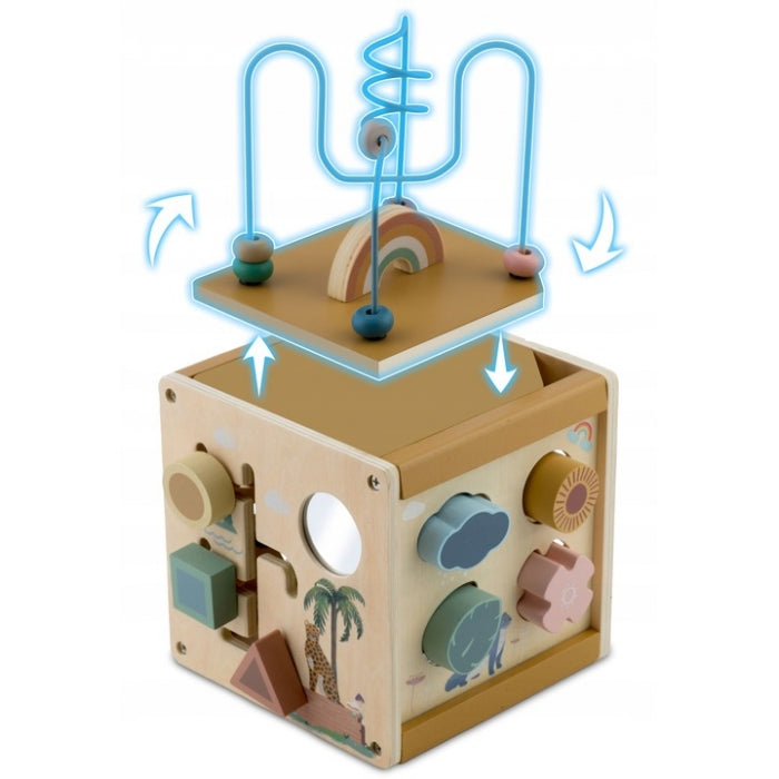 Cub educational din lemn cu diverse activitati, 15.5 x 17 cm, Nukido NK-861