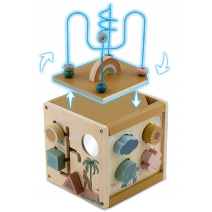 Cub educational din lemn cu diverse activitati, 15.5 x 17 cm, Nukido NK-861