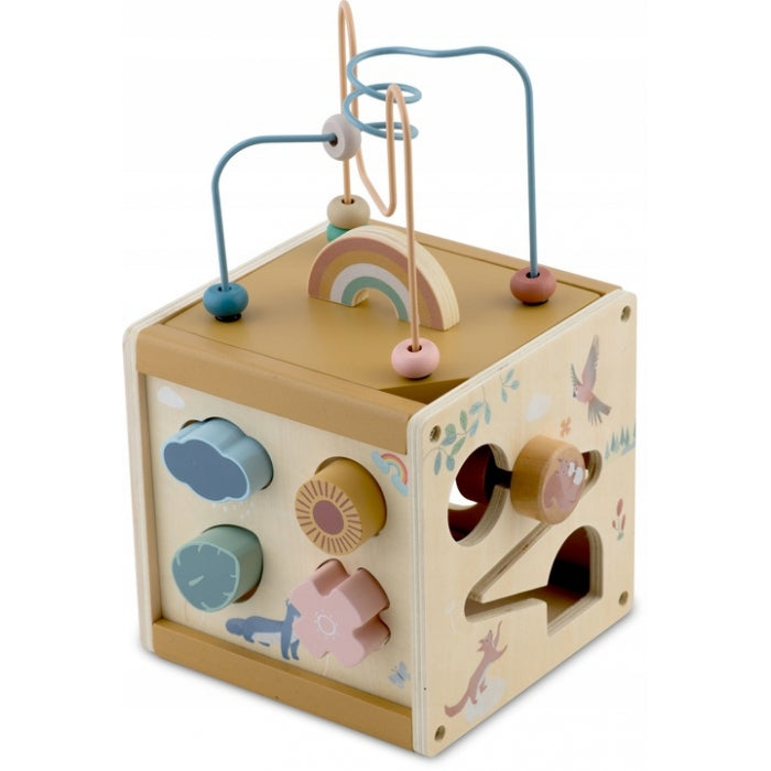 Cub educational din lemn cu diverse activitati, 15.5 x 17 cm, Nukido NK-861
