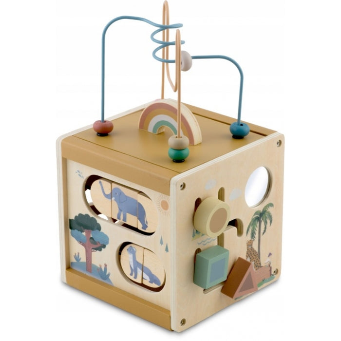Cub educational din lemn cu diverse activitati, 15.5 x 17 cm, Nukido NK-861