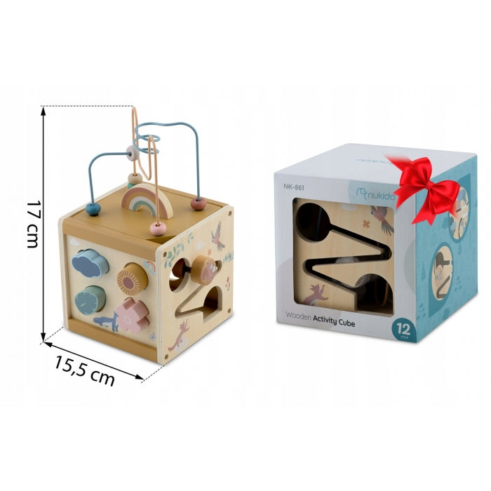 Cub educational din lemn cu diverse activitati, 15.5 x 17 cm, Nukido NK-861