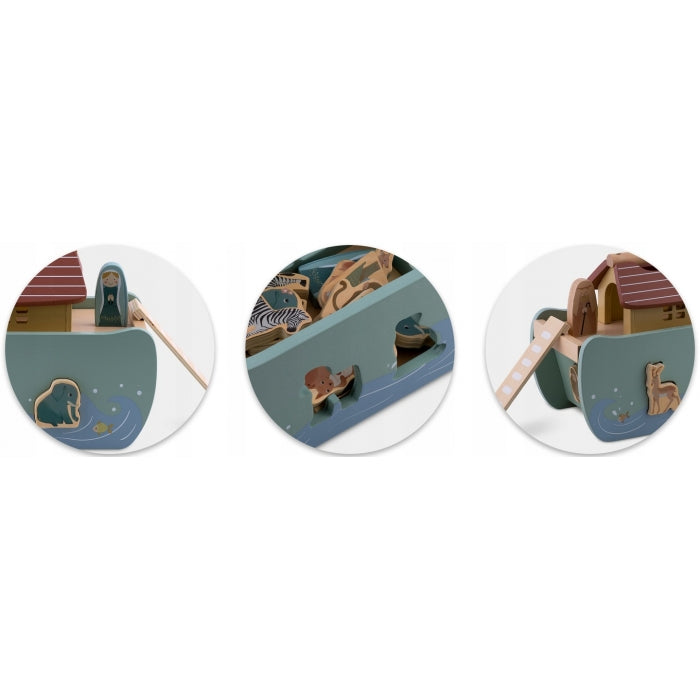 Jucarie educativa Arca lui Noe din lemn cu animalute, 17.5 x 13.5 x 20 cm, Nukido NK-862